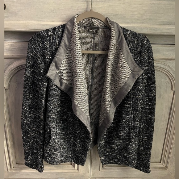 Vince Tweed Open Front Heather Knit Blue Blazer Chambray Trim Career - Picture 2 of 7